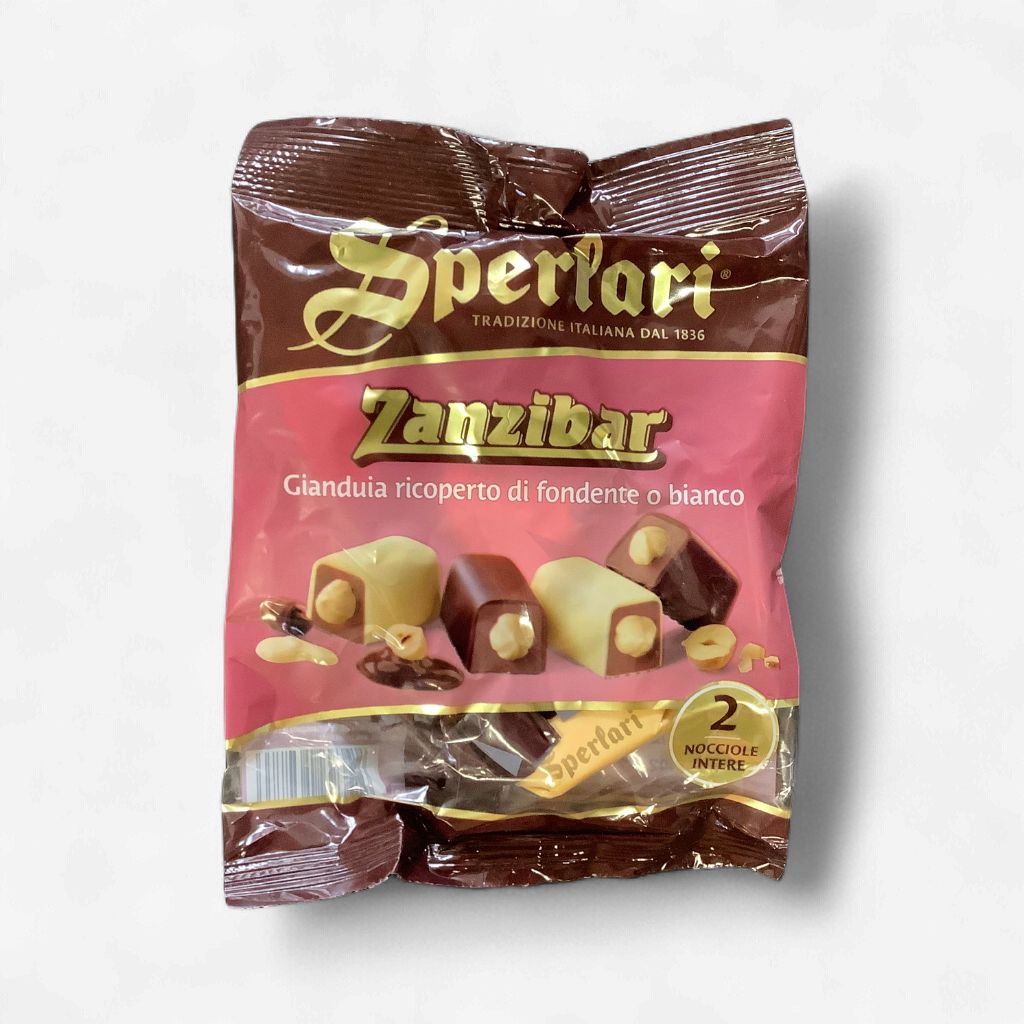 Sperlari Zanzibar Gianduia Ricoperto di Fondente o bianco 117g