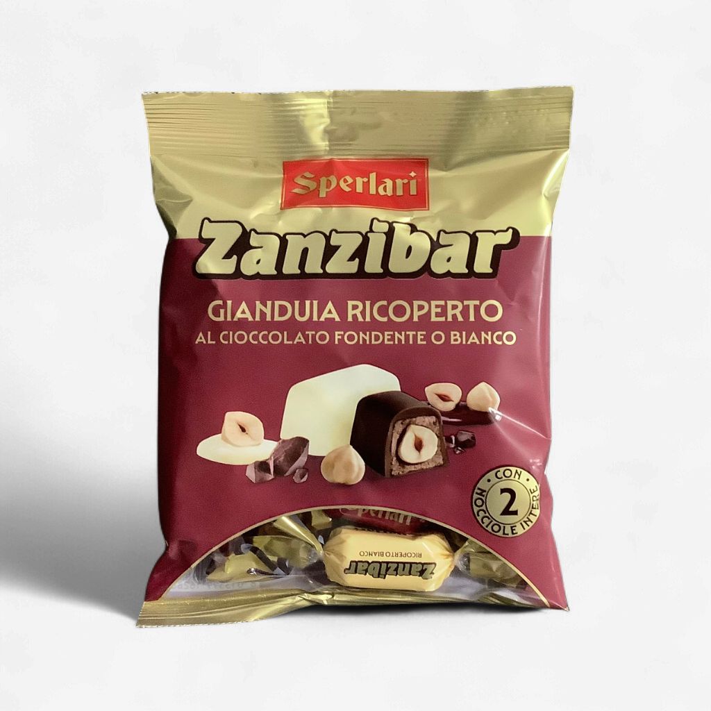 Sperlari Zanzibar Gianduia Ricoperto di Fondente o Bianco 117g