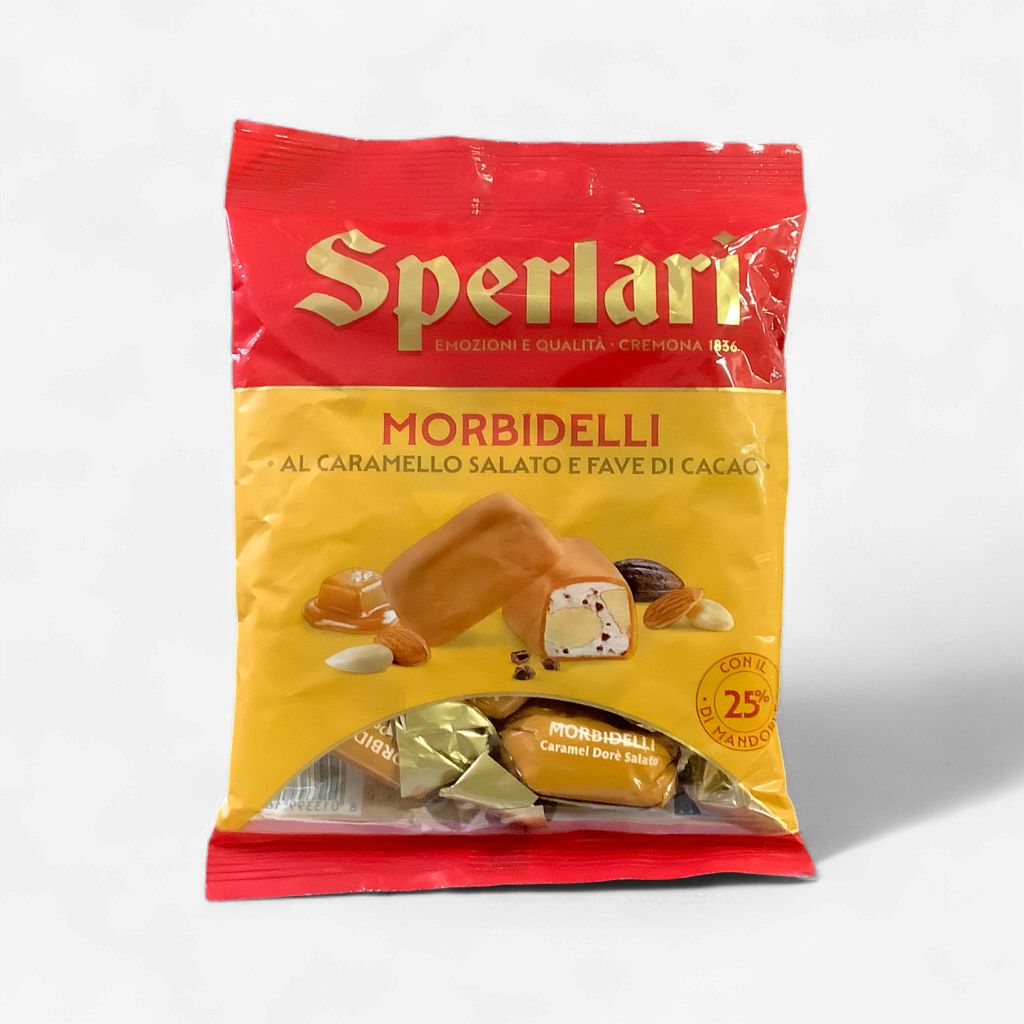 Sperlari Morbidelli Soft Nougat With Almonds &amp; Cocoa Bean Flakes Coated in Salted Caramel 117g