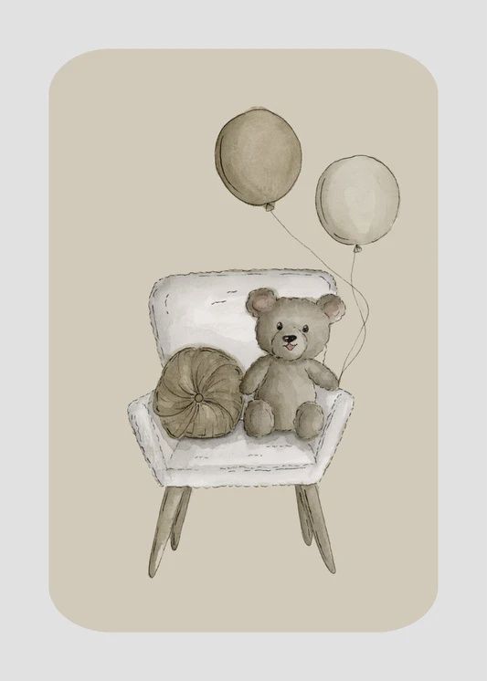 Teddybeer in stoel met ballon - kaart