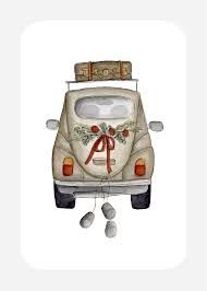 Kaart met kleine trouwauto beige