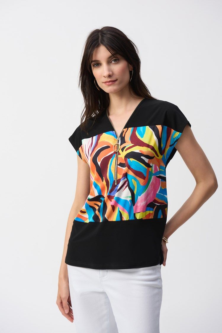Ribkoff - Knit and Satin Abstract Boxy Top - 251248, Color: 178 - Blk/Multi, Size: 6