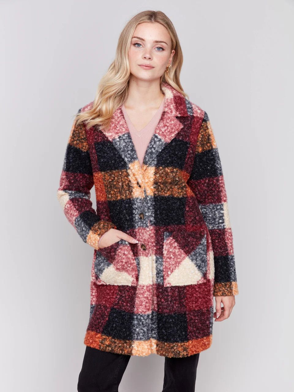 Charlie B - Boucle Tailored Collar Coat, Color: C6141Y/Cabernet, Size: Small