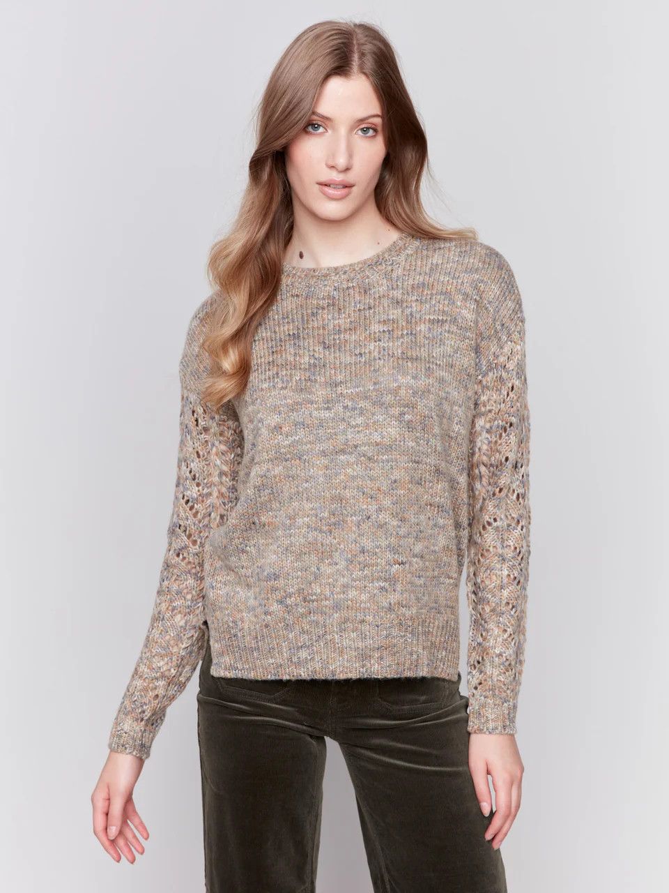 Charlie B - Sweater w/ Net Stich Sleeves, Color: C2675/Spruce, Size: Med