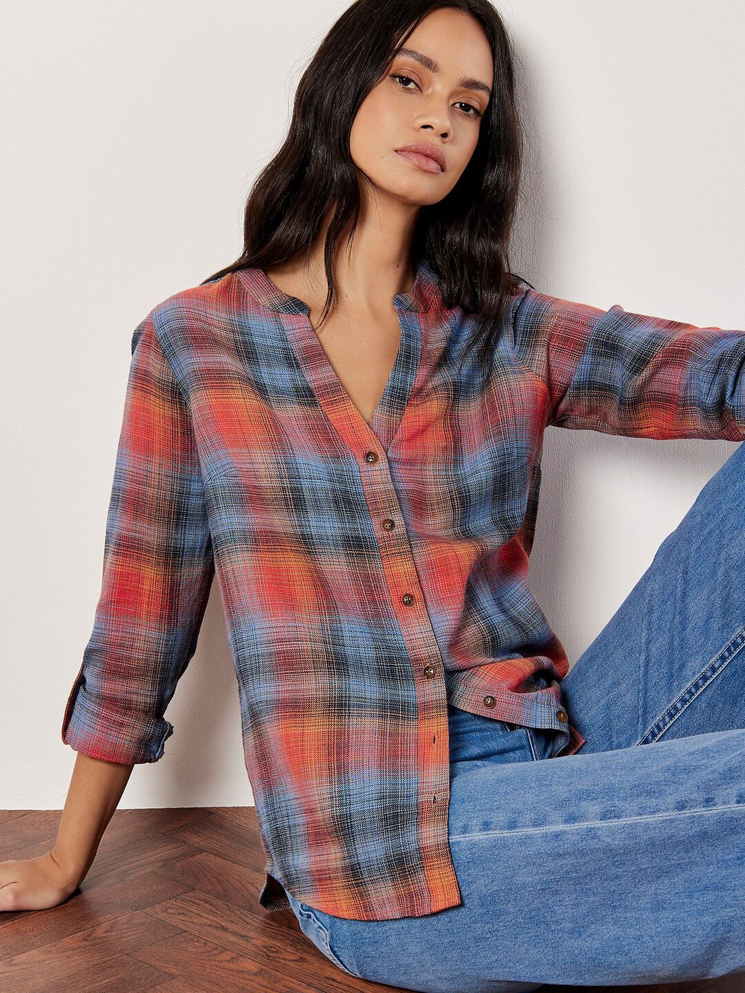 Apricot Grandad Collar Linen Shirt 4294