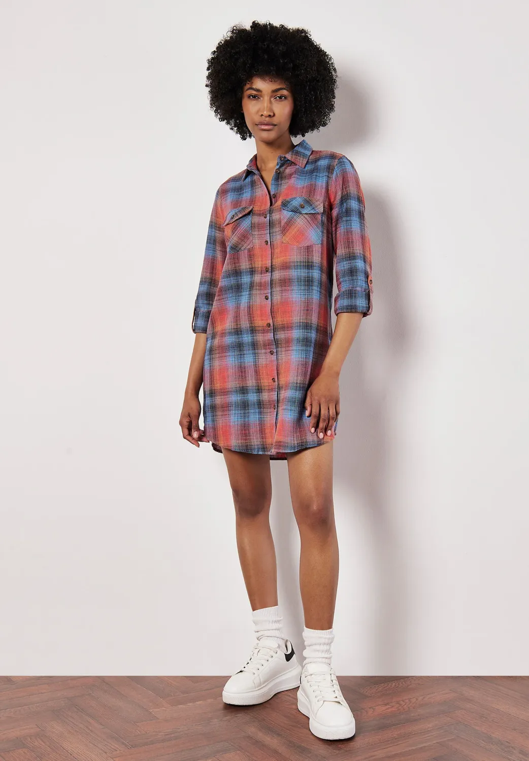 Apricot Sunset Plaid Shirt Dress -890527