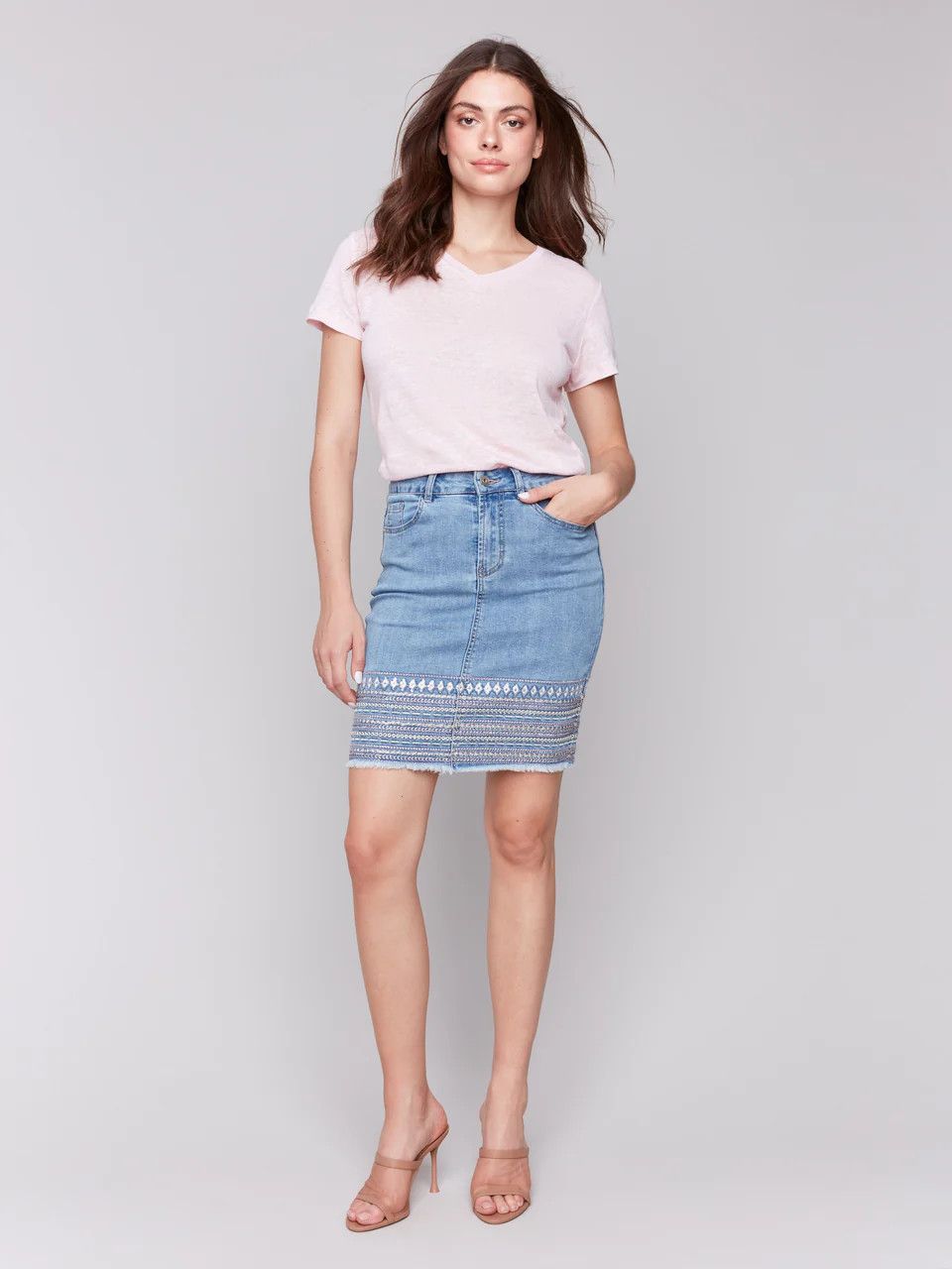 Charlie B Embroidered Denim Skort - C7082