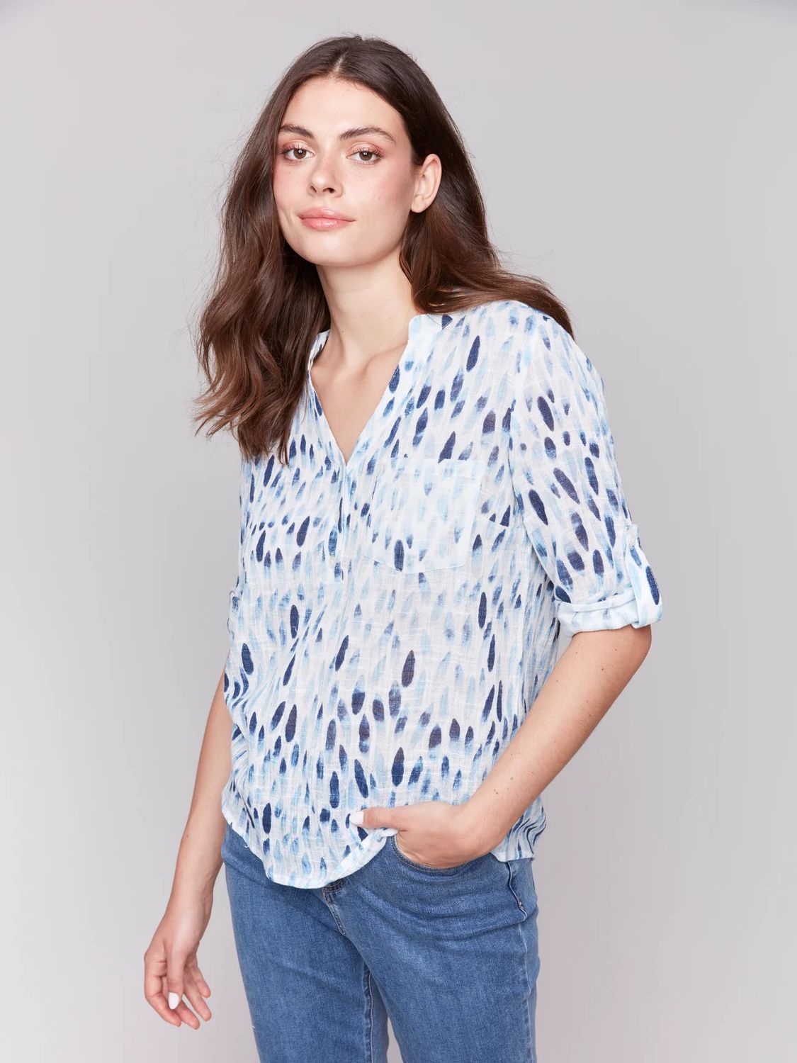 Charlie B Roll Up Sleeve Bttn Top - C4188A