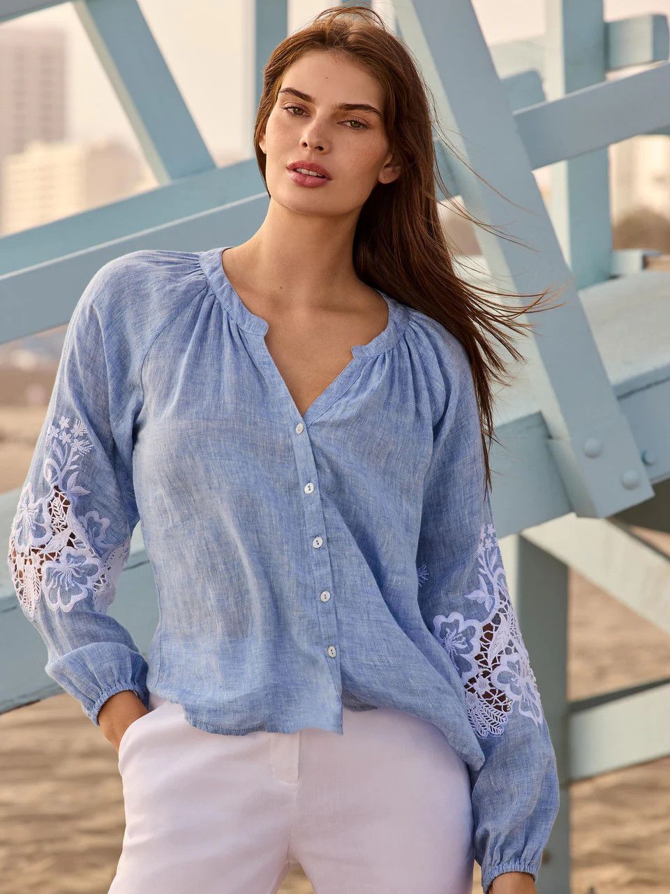 Charlie B Cotton Linen Bttn Top - C4600E