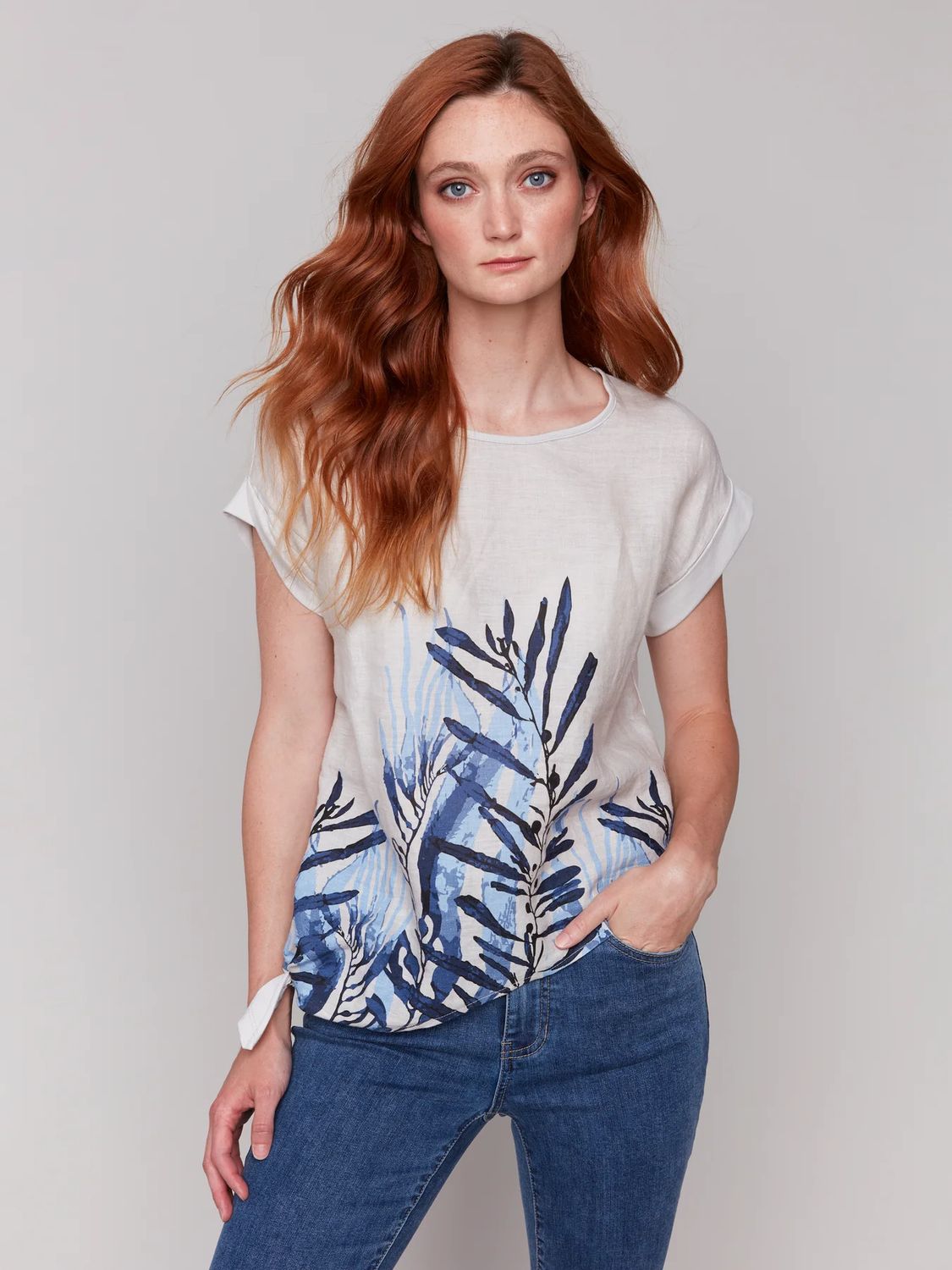Charlie B Side Tie Linen Top C4483B