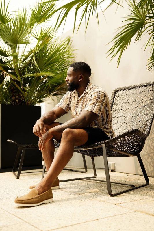 Au Noir Open Collar Knit Shirt - Raj T-Beige/Grey