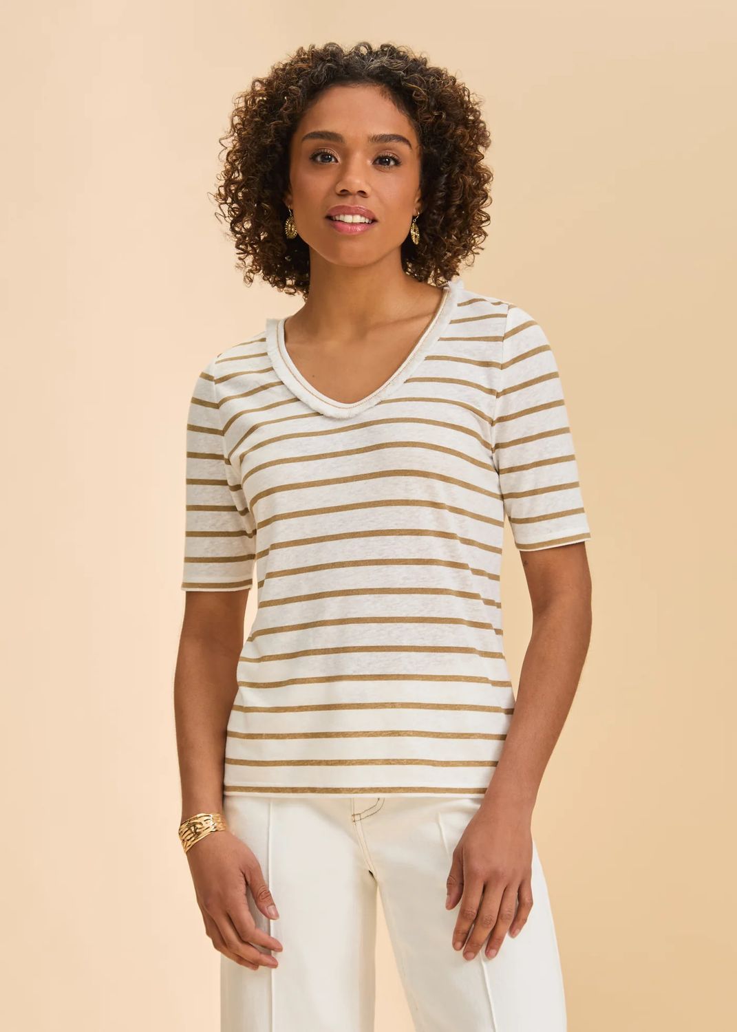 FDJ Elbow Sleeve Fringed Neck Top 3641788