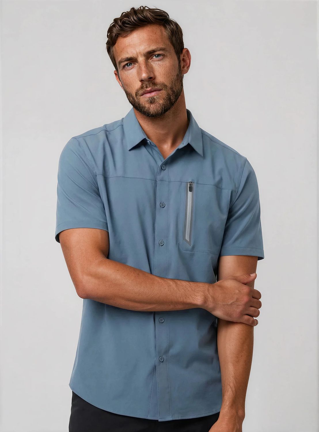 P/Z 4 Way Stretch quick dry S/S Shirt - 7664700, Color: Chambray, Size: Med