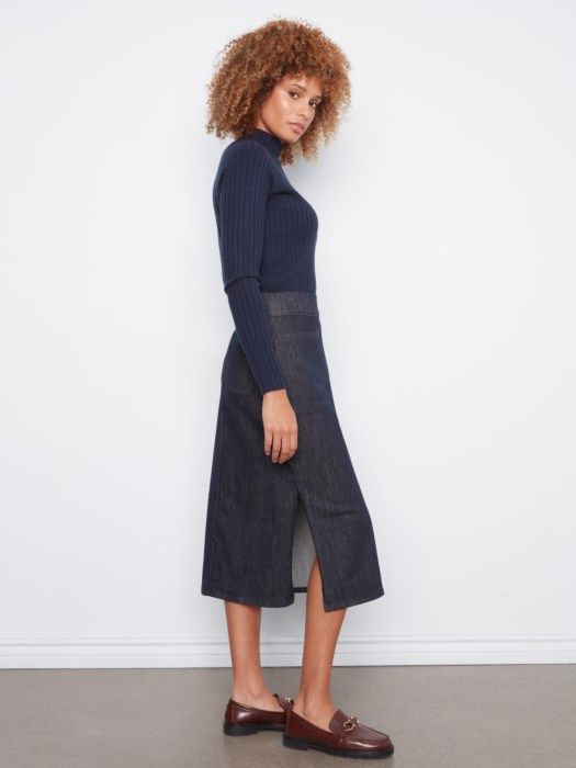 Charlie B Pull-On Stretch Denim Midi Skirt C7097-437C-910