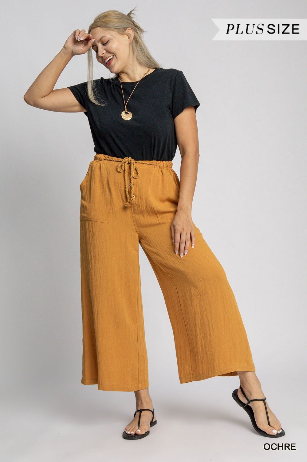 Snow Wash Waistband Pants Cropped Palazzoo Pants - PLUS