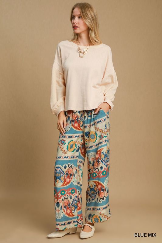 Wide Leg Border Print Pants - REG Sizes