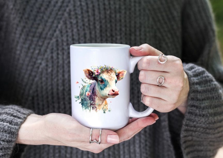 Watercolor Farm Cow and Wildflowers Coffee Miug 15 oz