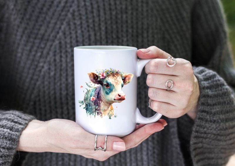 Watercolor Farm Cow and Wildflowers Coffee Miug 15 oz
