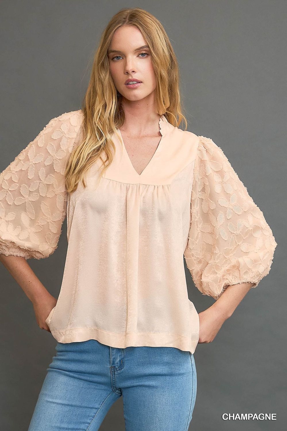 High Neck Satin Top with Floral Contrast Sleeves