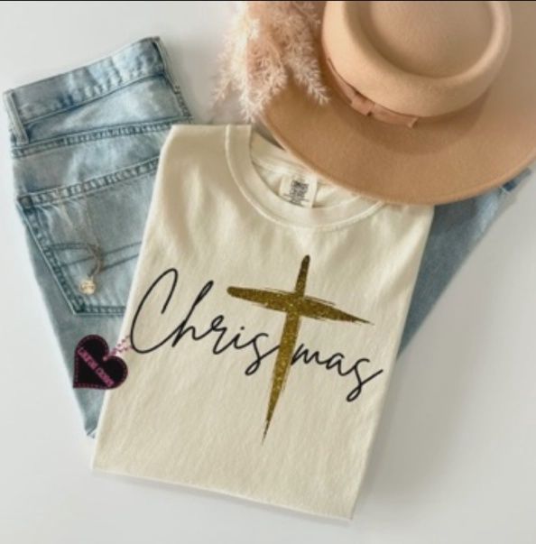Christmas with Gold Cross Long Sleeve Tee