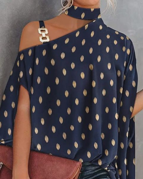 Metallic Polka Dot Chain Strap Cold Shoulder Top