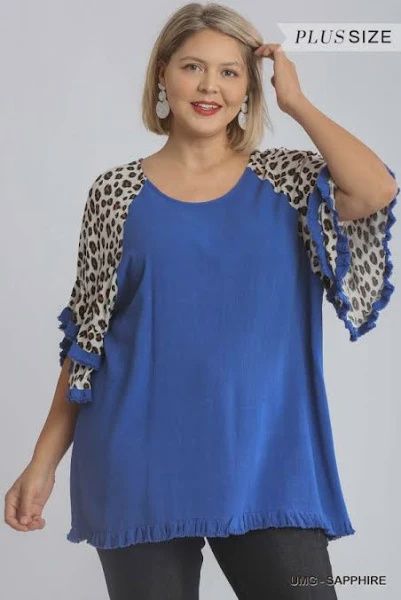 Linen Tunic Top  Animal Print Layered Bell Sleeve W