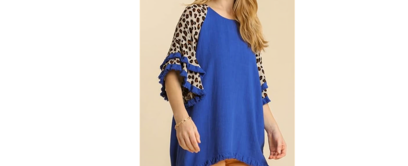 Linen Tunic Top Animal Print Layered Bell Sleeves