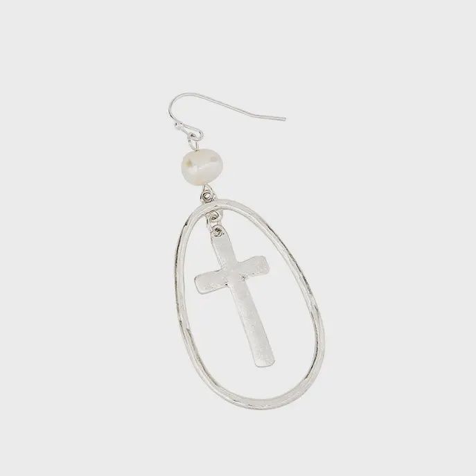 Hammered Cross and Pearl Earrings
