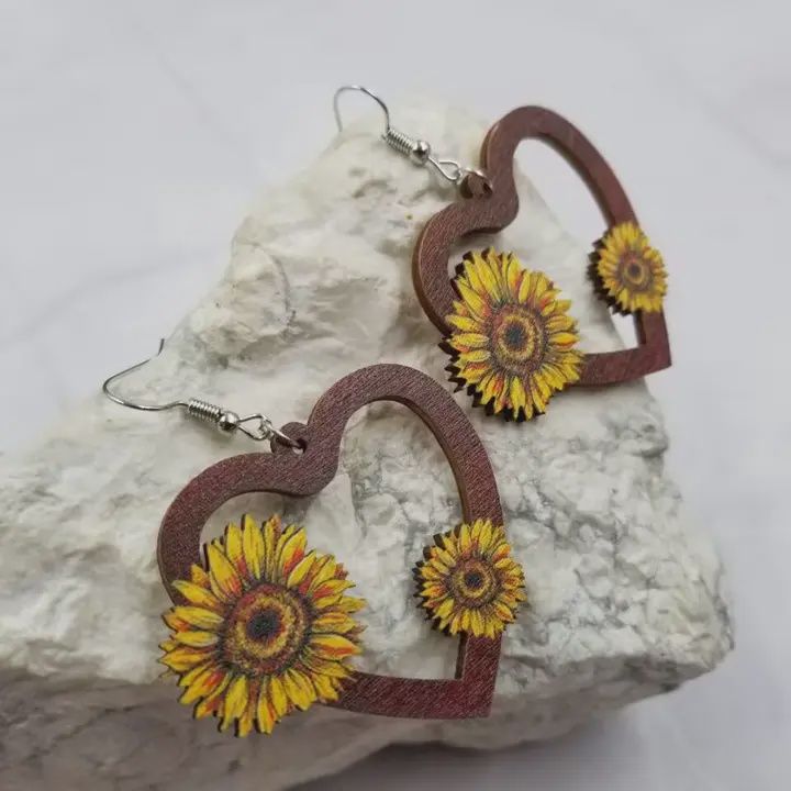 Sunflower Hollow Heart Wood Earrings