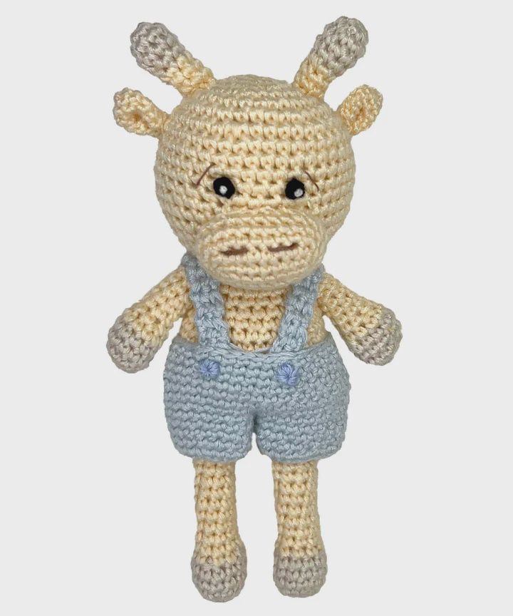 Giraffe Bamboo Crochet Rattle in Blue