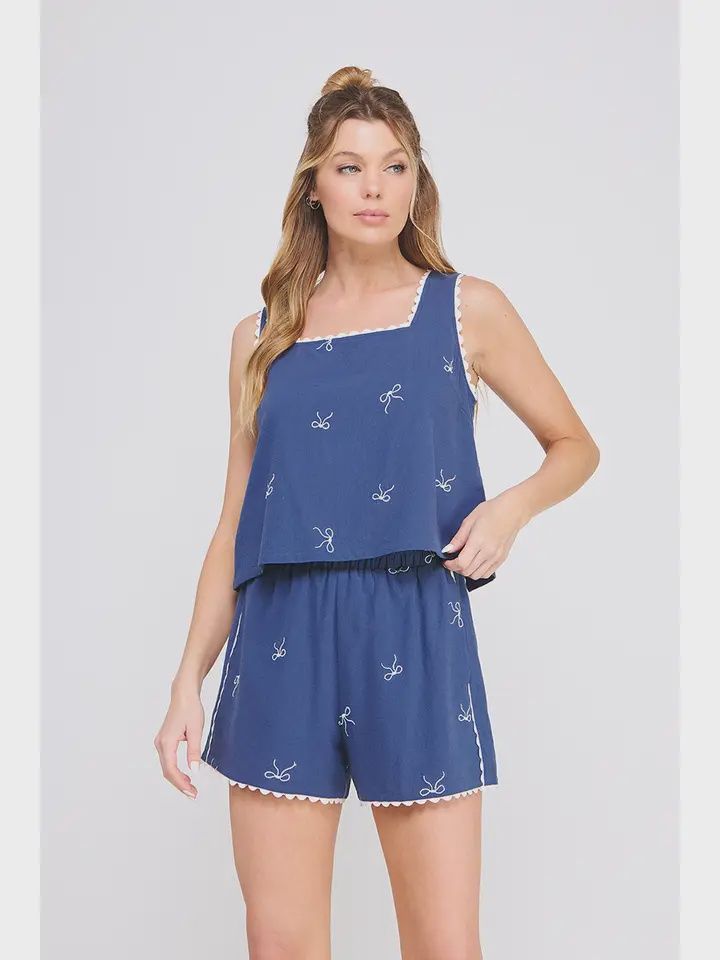 Ribbon Embroidered Linen Square Neck Tank