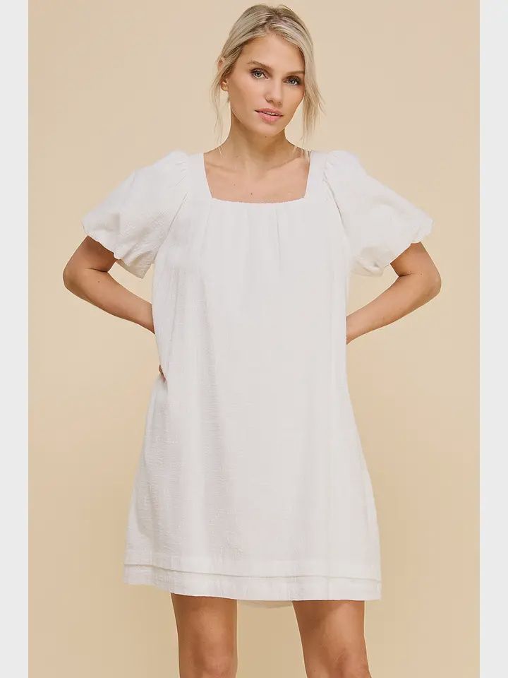 Puff Sleeve Textured Shift Dress