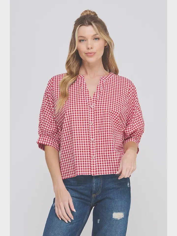 Gingham 3/4 Dolman Sleeve Blouse