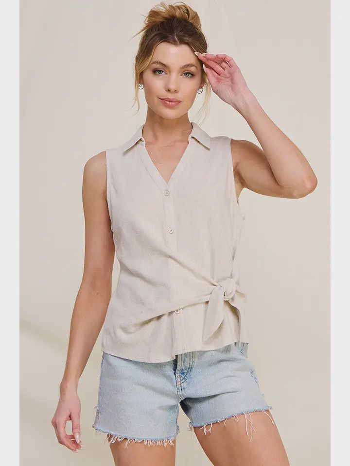 Sleeveless Collared Top w Side Tie