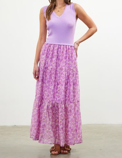 Solid Knit Tank w Floral Bottom Midi Dress