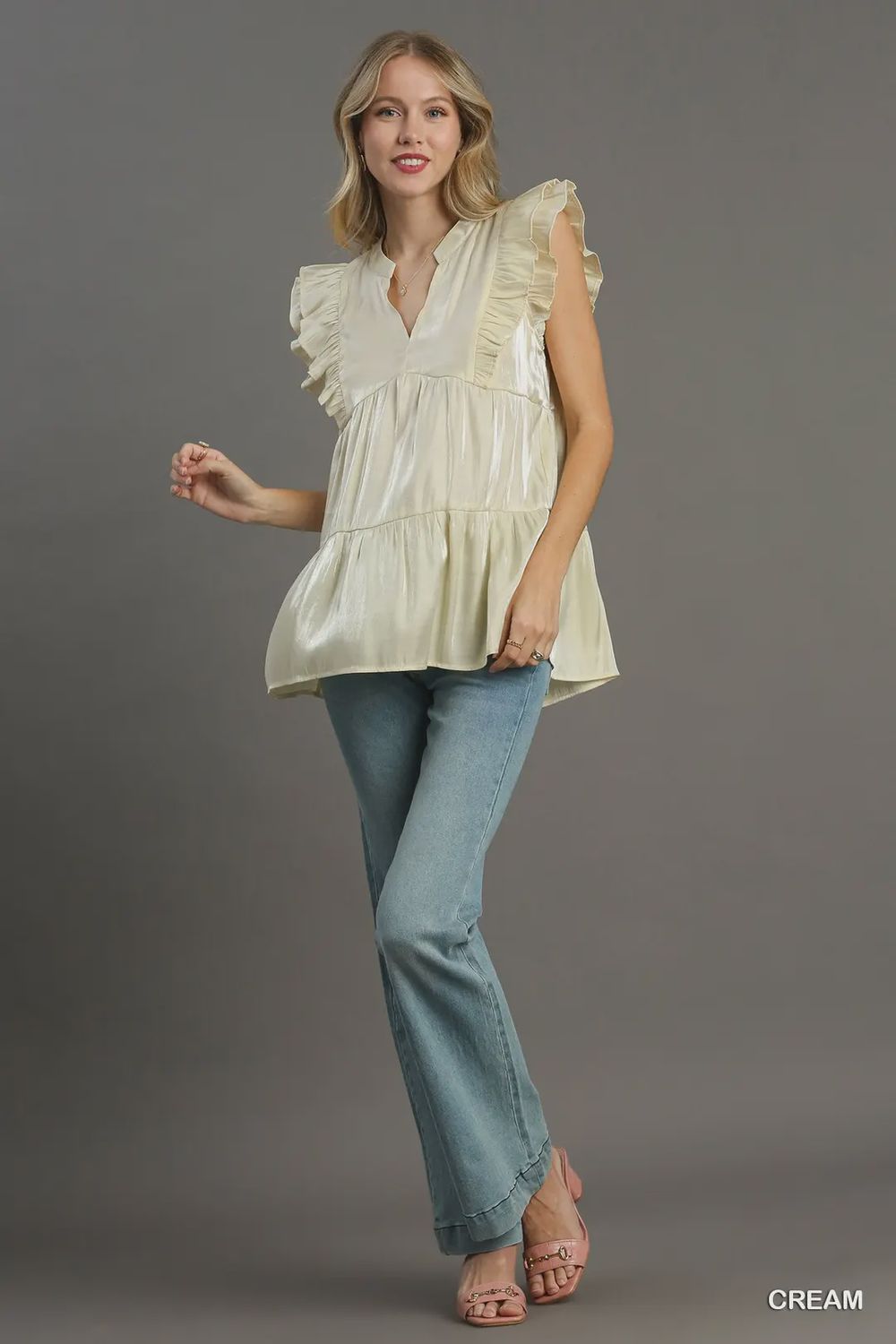 Satin Tiered V Neck Top