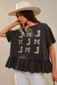 Crew Neck Wstrn Embroid Peplum Top