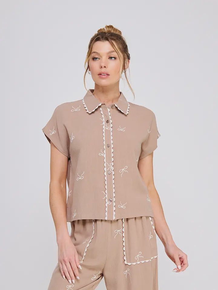 Bow Embrd Soft Linen Top