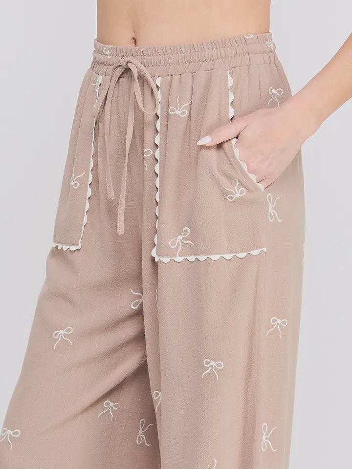 Bow Embrd Linen Palazzo