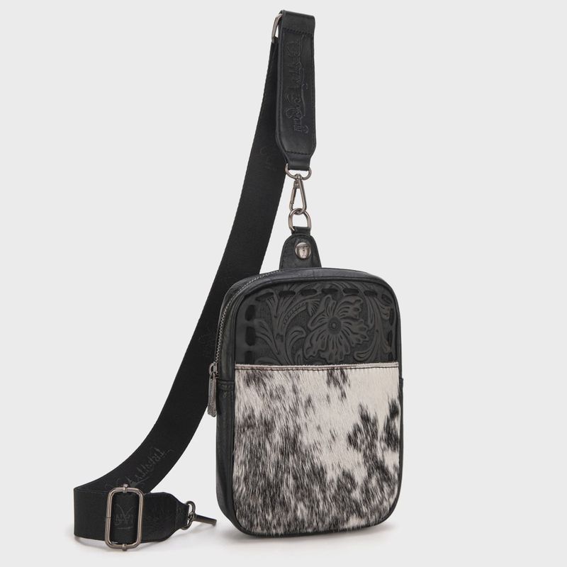 Genuine Hair-On Cowhide Tooled Sling Bag