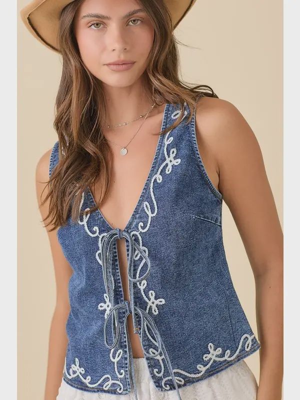 Embroidered Denim Vest