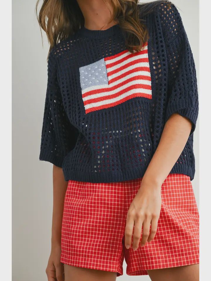 Flag Print Open Knit Crochet Sweater Top