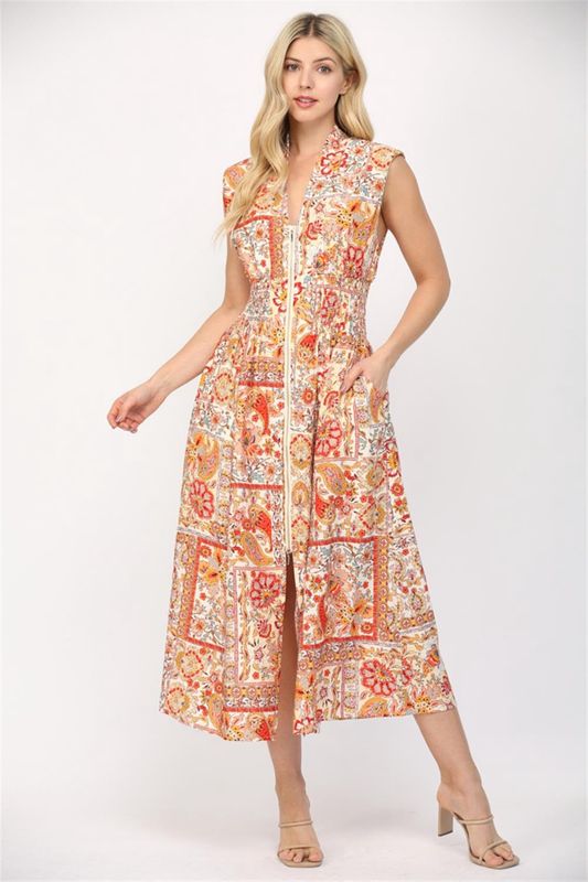 Coral Print Zip Midi Dress