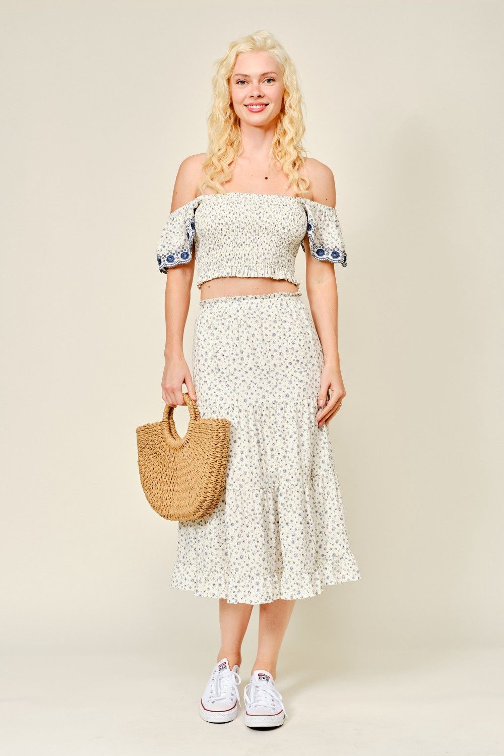 Embroidered Smocked Crop Top Set