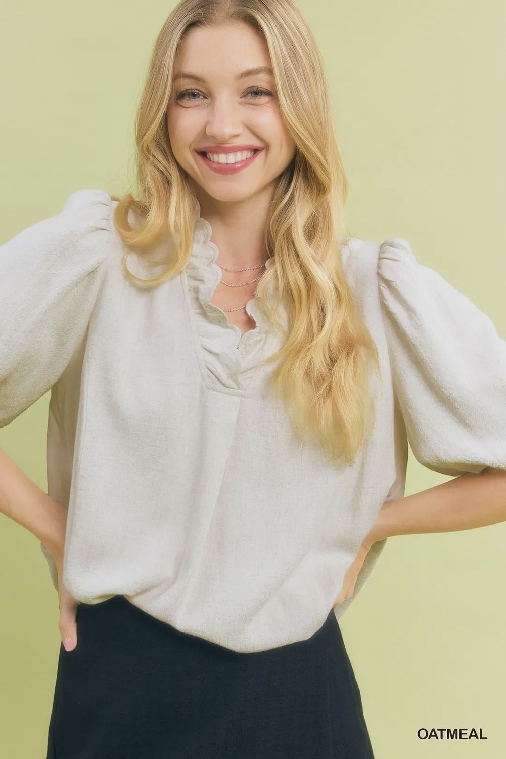 Linen Scallop Trim V-Neck Top