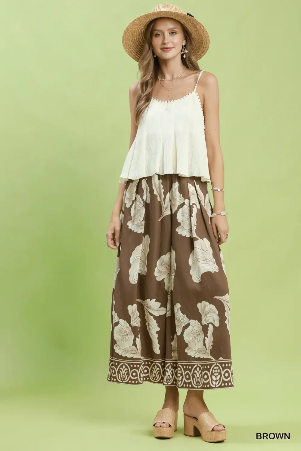 Botanical Print Wide Leg Pants