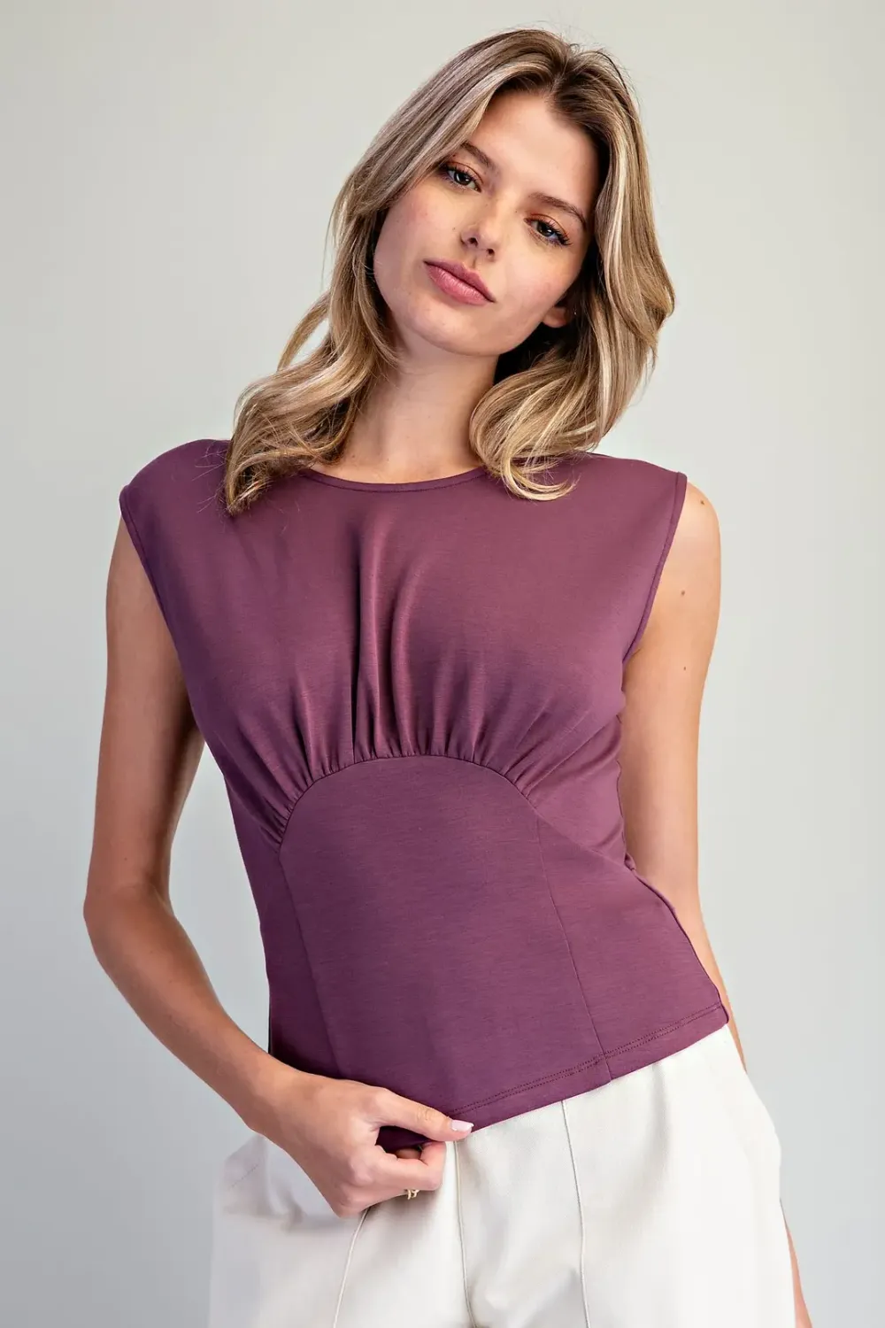Solid Gathered Sleeveless Top