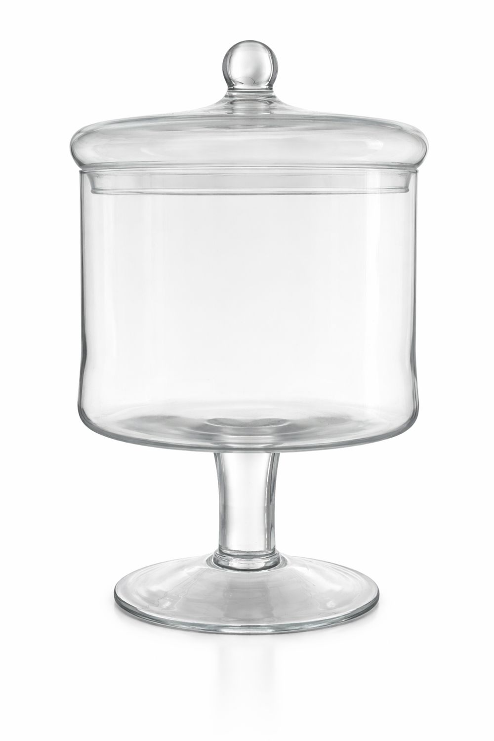 Szklana patera z kloszem na nodze – elegancka bomboniera dekoracyjna z przezroczystego szkła na białym