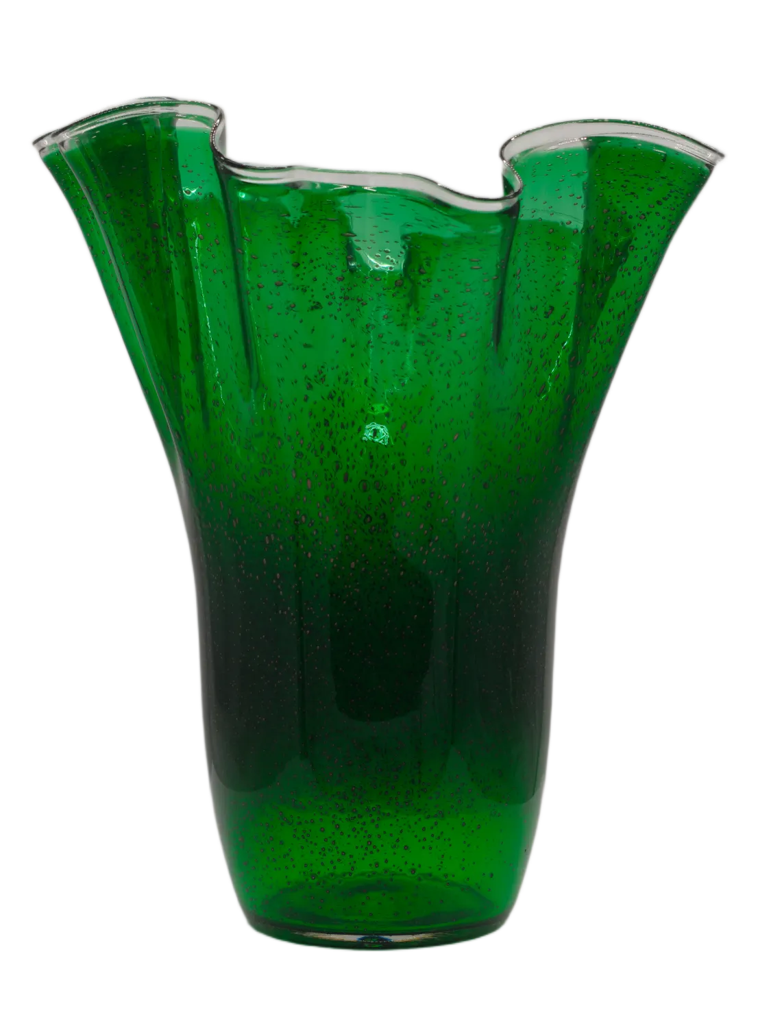 Zielony szklany wazon artystyczny Chusta Wenecki Szmaragd o pofalowanych krawędziach MIBA-GLASS
