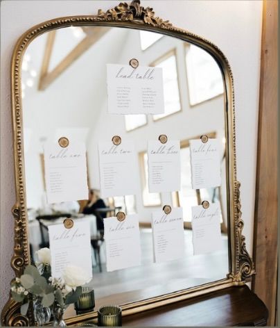 Mirrors and Signs / 3’ Included: Personalization of your choice, Seating Assignment Cards, and self adhesive wax seals. NOT Included Table Name Cards but can be added for additional cost.